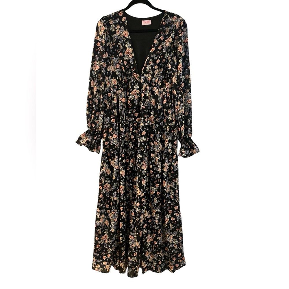 Pink Lily Floral Deep V Neck Button Up Flowy Long Sleeve Feminine Maxi Dress